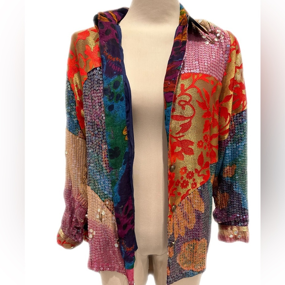 Sandy Starkman 1980’s Mixed Media Button Down Blouse Quilted/patchwork sequins